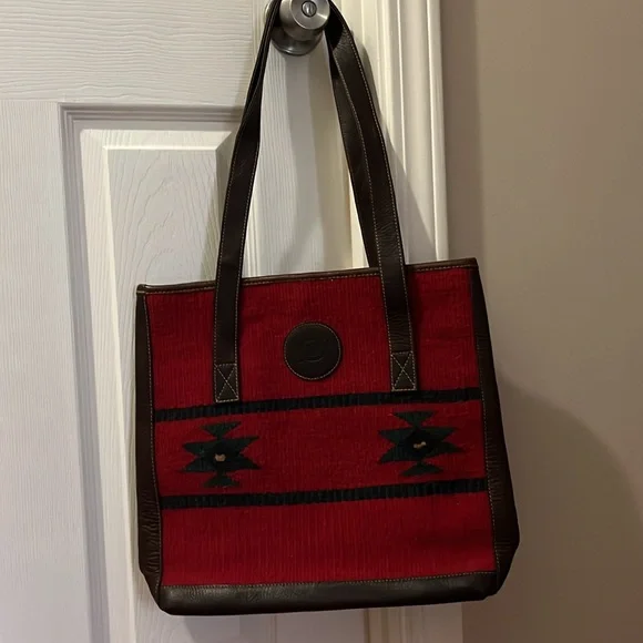 BornSouthwest style wool Red and Black Tote Bag leather straps & bottom GUC - Picture 4 of 12
